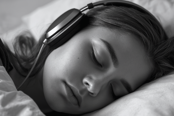 A young person sleeps peacefully, wearing large headphones, lying on a pillow.
