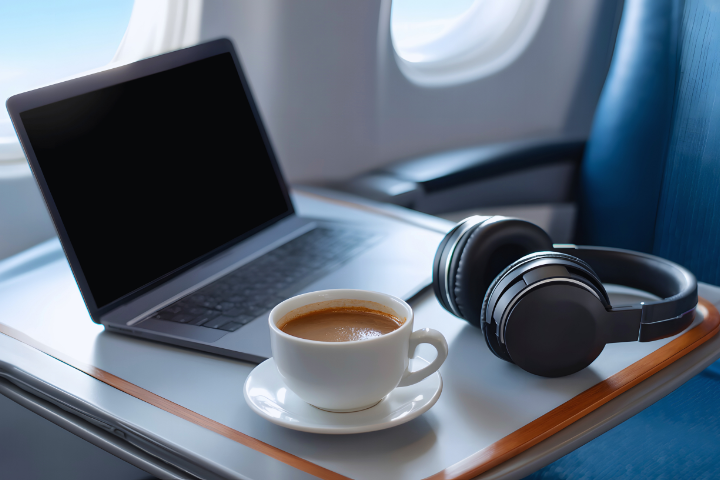 A laptop, headphones, and a coffee cup are arranged on an aeroplane tray table, indicating a productive travel experience.