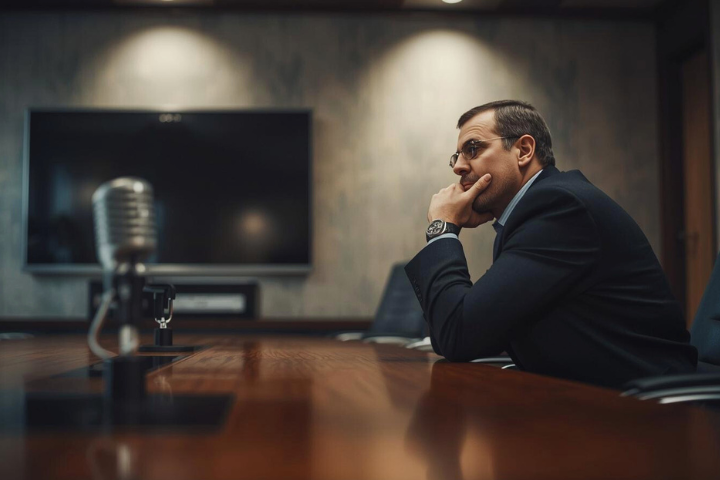 A man in a suit sits at a conference table,  with a microphone and screen in the background.