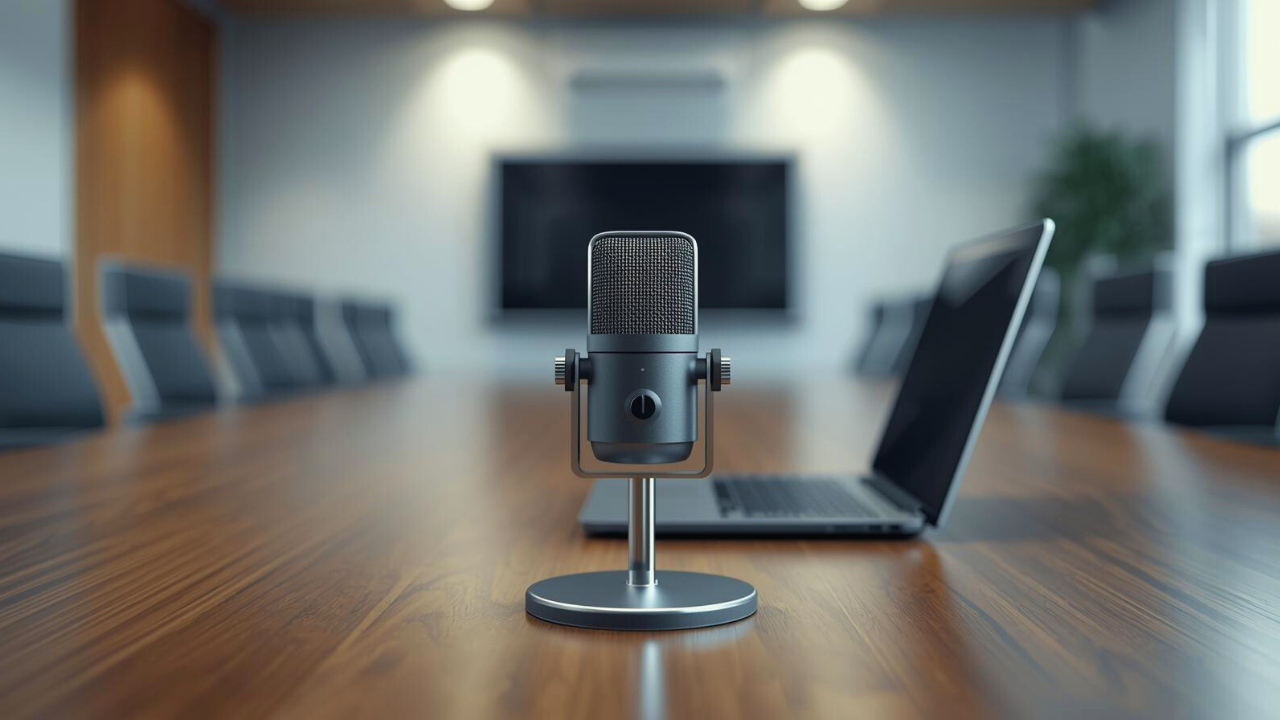 A silver microphone and laptop sit on a polished table, with plush chairs and a large screen in the meeting room.