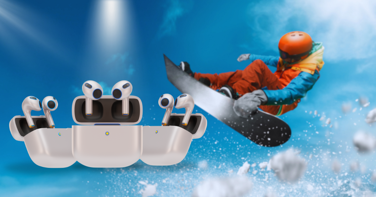 A snowboarder airborne, wearing earbuds, showcases a dynamic winter sports moment.