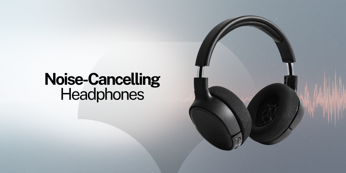 Black over-ear headphones with a wave graphic on a blue background, which features active noise cancellation text.