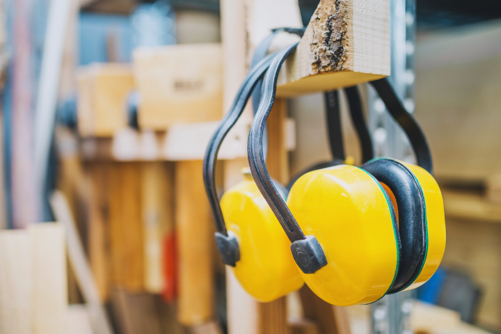 Yellow construction headphones are prominently displayed against a skyline with partially constructed buildings. The text reads “Headphones for Construction.”