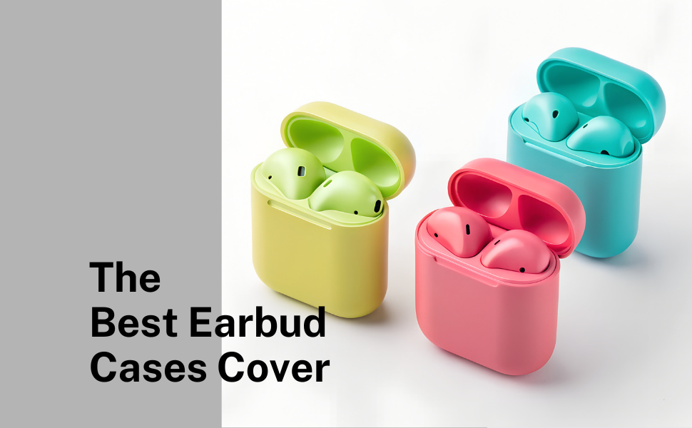Earbud cases—yellow, pink, and blue—each Three colourful earbud cases—yellow, pink, and blue—each hold matching earbuds set against a white background. Text reads "The Best Earbud Cases Cover."