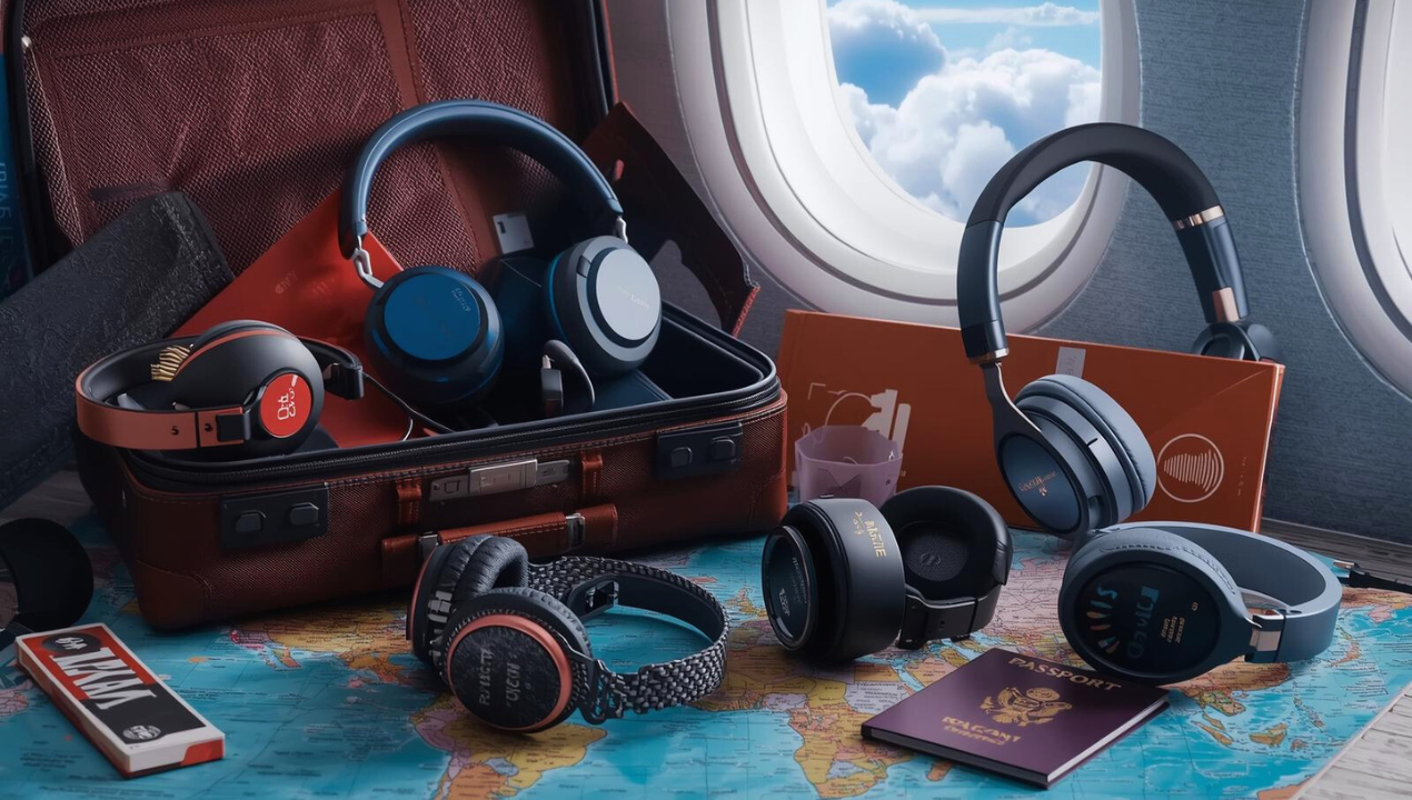 Headphones in a suitcase near the window Headphones in a suitcase near the window