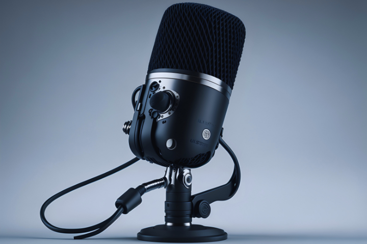 A black professional microphone on a stand with adjustment knobs and a cable, set against a soft blue background.