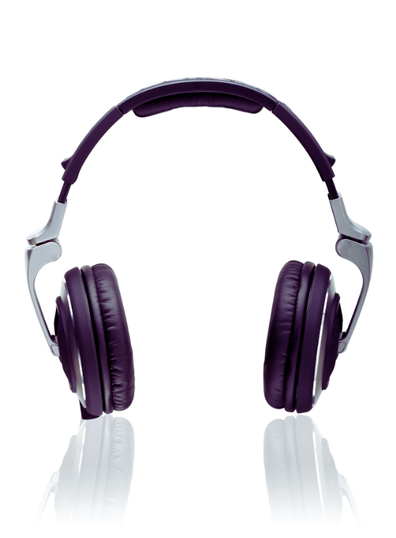 Headphones with white background Purple over-ear headphones with silver accents on a white reflective background.