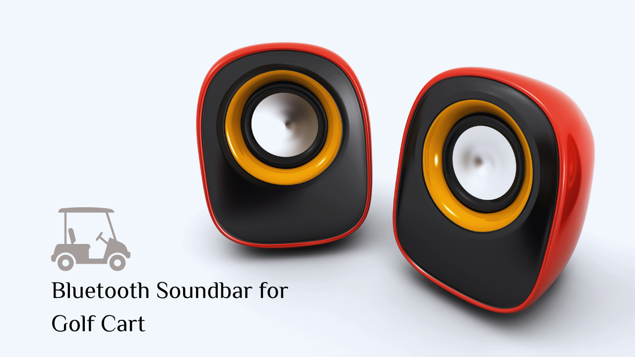 Two modern, red and black wireless speakers Two modern, red and black wireless speakers with yellow accents; text reads "Bluetooth Soundbar for Golf Cart" next to a graphic of a golf cart.