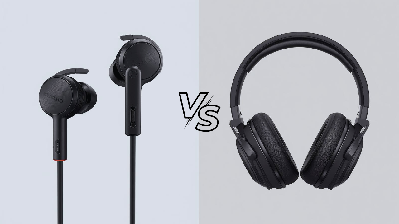 black in-ear headphones and over-ear headphone Split image contrasting black in-ear headphones on the left with over-ear headphones on the right. Center "VS" suggests a comparison.