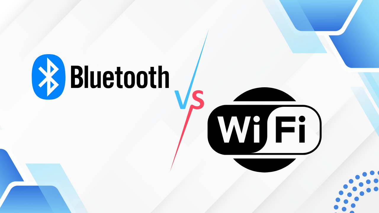 comparing Bluetooth and Wi-Fi Image comparing Bluetooth and Wi-Fi. The Bluetooth logo and text are on the left, and the Wi-Fi logo and text are on the right, with "vs" in between.