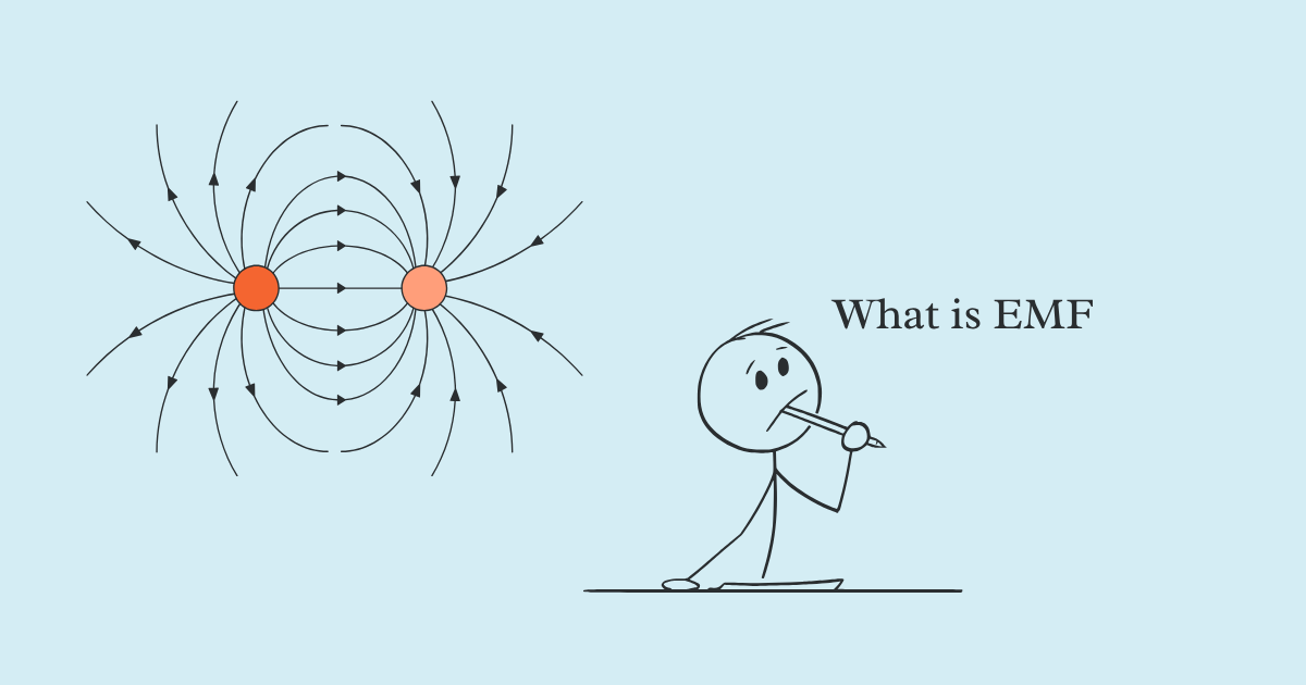 What is EMF Stick figure pondering "What is EMF?" alongside two orange circles with arrows illustrating electromagnetic field lines, set against a light blue background.