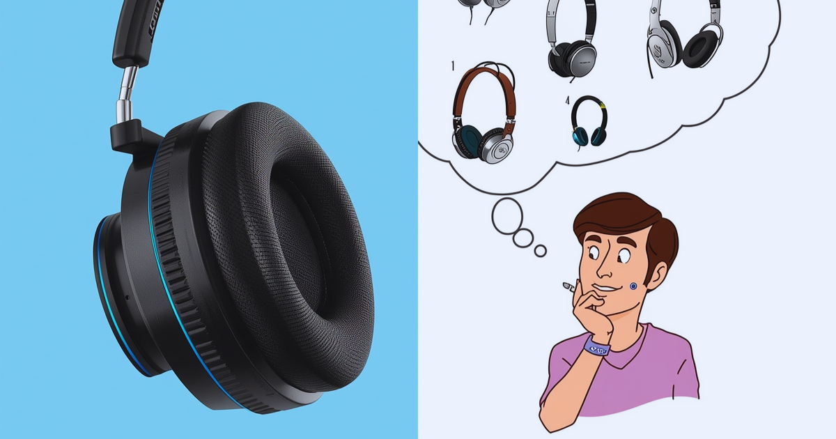 close-up of black headphones on a blue background Illustration divided in two. Left: close-up of black headphones on a blue background. Right: cartoon person in purple shirt thinking about various headphones.