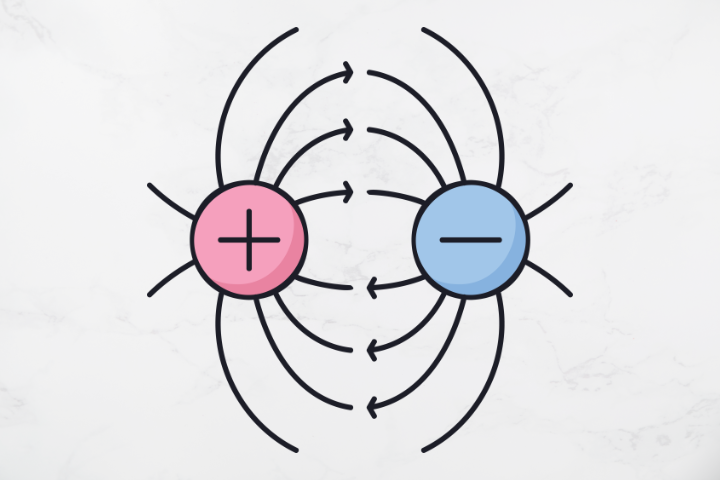 Illustration of electric field lines between a pink positive charge and a blue negative charge. Curved arrows indicate the direction of flow from positive to negative.