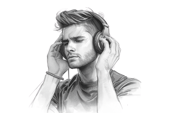 A grayscale illustration of a man with headphones, eyes closed, immersed in music. 