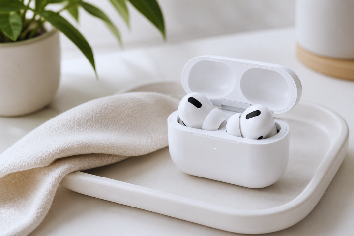 Open white wireless earbuds case on a tray with a beige cloth beside it