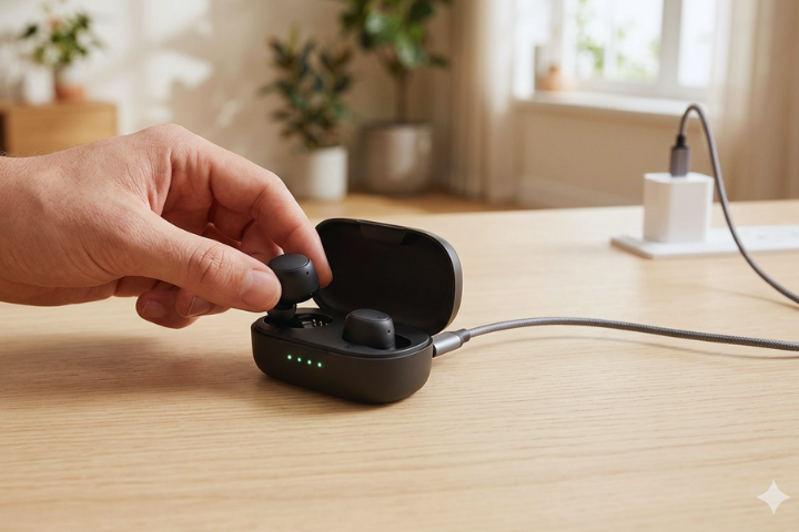 A hand places a wireless earbud into a black charging case on a wooden table, with the case plugged in and green LED lights illuminated.