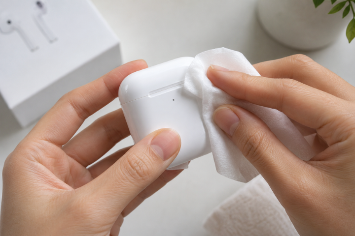 A person cleans a white wireless earbud case with a cloth, showing attention to detail and care.